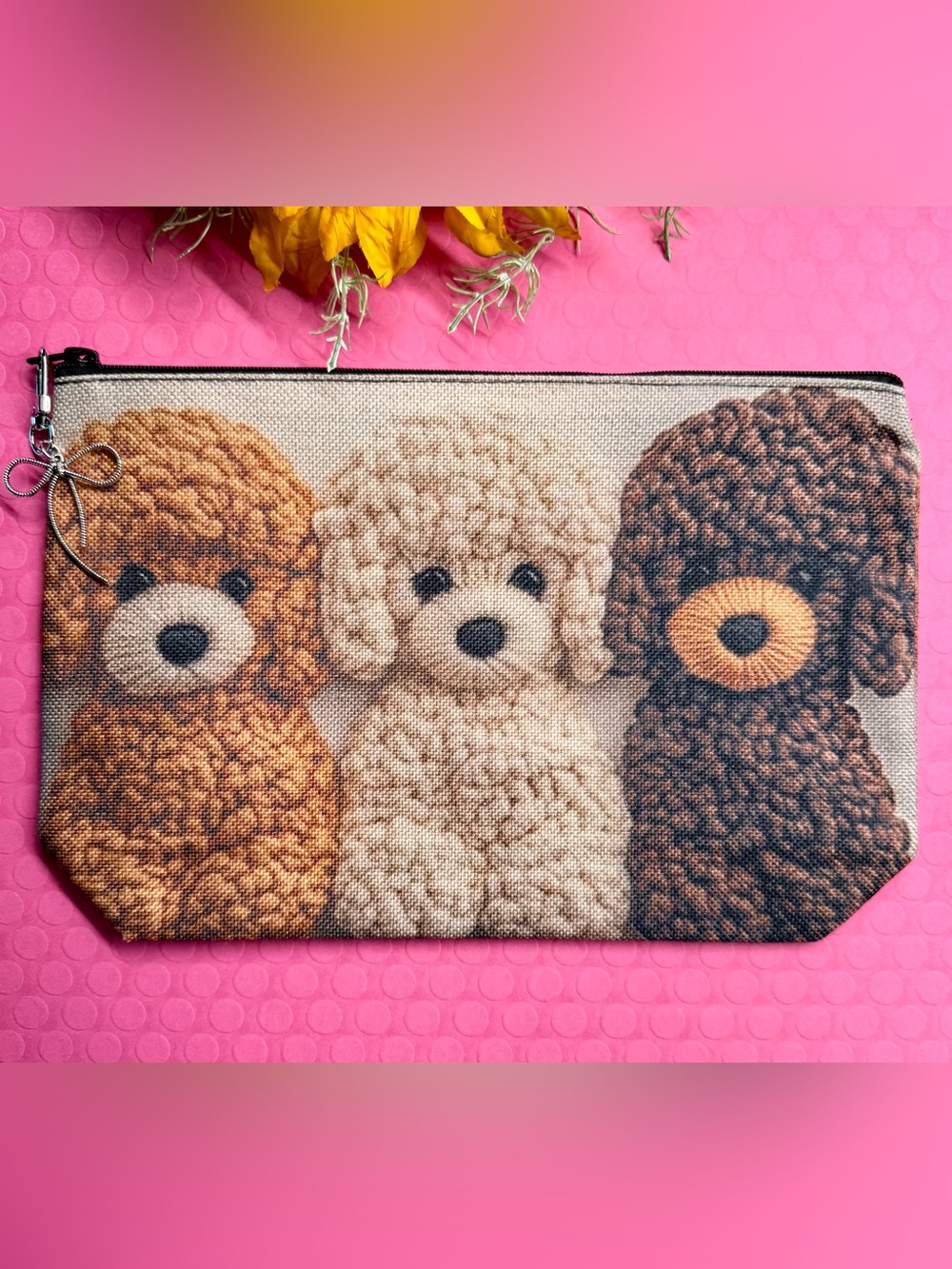 New Poodle Puppy Dog Supplies, Makeup, Charger, Zippered Bag w/ Bow Charm 8.75”